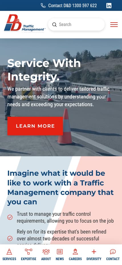 UX mobile design screenshot of D&D Traffic Wollongong's WordPress website